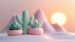 © Hryhor Denys - Cacti of various shapes and sizes sit in pastel-colored pots, harmonizing beautifully with a serene desert sunset and soft, distant mountains