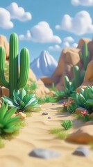 Wall Mural - A lush desert path framed by tall cacti and vibrant plants leads towards distant mountains beneath a beautiful blue sky filled with clouds