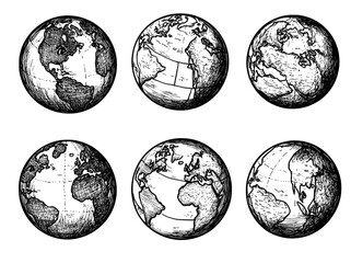 Wall Mural - World map sketch drawing. Hand drawn globe map with continents and oceans. Detailed modern world map illustration.