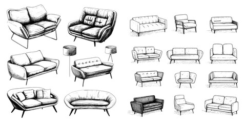 Wall Mural - Sketch style illustration of a set of sofas isolated on white background