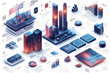 A futuristic digital landscape displaying various data visualizations and analytics elements, including buildings, charts, and circular graphs.