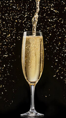 glass of sparkling champagne with festive confetti in motion, celebrating special occasions with luxury on black background, new year 