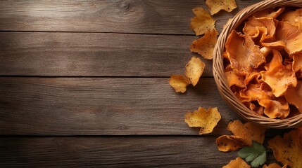 Wall Mural - a basket filled with vibrant chanterelle mushrooms sits on a wooden table, with scattered mushrooms 