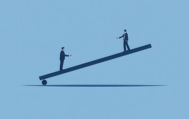  Vector illustration of two business professionals at the edges of a tilted seesaw, handshaking to emphasize collaboration and balance.