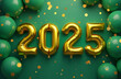 © Elena Verba - Celebrating the New Year 2025. Golden yellow colored foil balls. 2025 balloons. A greeting card. Happy New Year 2025. Blurred background. Selective focusing.