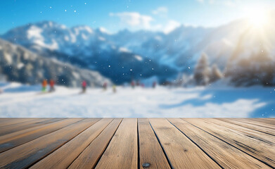 Wall Mural - beautiful blurred background of natural winter snowy mountains with a wooden tabletop for product di