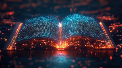 An open book with pages made of glowing digital data streams