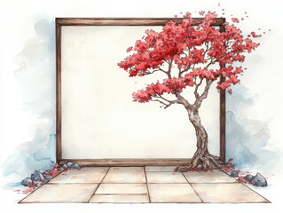 Wall Mural - serene illustration of traditional Japanese garden featuring vibrant red tree framed by wooden border. peaceful scene evokes tranquility and harmony