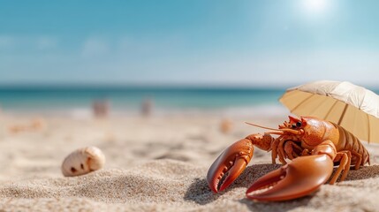 A vibrant orange crab is basking in the sun on a sandy beach, cleverly shaded by a small umbrella. The bright, serene scene captures a carefree summer day.