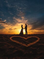 Canvas Print - Bride and Groom Standing in Sand with Heart