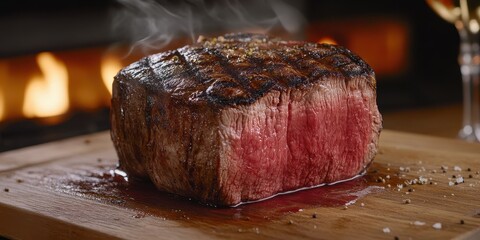 Wall Mural - a steak on a wooden cutting board with a glass of wine