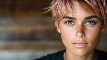 A relaxed portrait featuring an individual with pink short hair, captivating green eyes, and a freckled face, set against a warm-toned background.