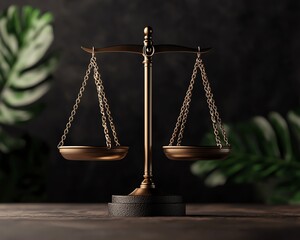 A bronze balance scale representing justice, set against a dark backdrop with subtle greenery, ideal for legal and ethical themes.