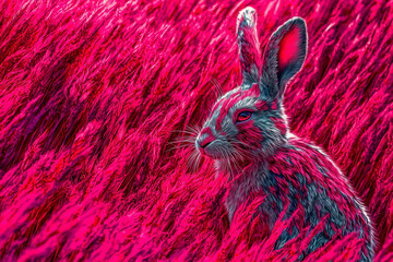 Wall Mural - surreal rabbit in vivid red amidst a swirling sea of neon pink fractal fur, evoking a dreamlike fantasy