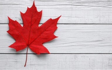 Wall Mural - Vibrant red maple leaf resting on a rustic wooden background, perfect for autumn themes and seasonal decor.