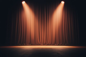 Wall Mural - Empty stage with warm spotlight illuminating soft, flowing curtains, creating a dramatic atmosphere perfect for performances or presentations.