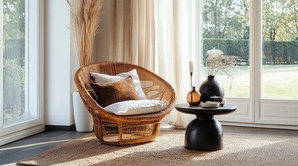 Bright and cozy living room with rattan armchair, pillows, carpet, decoration, coffee table, and personal accessories