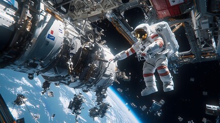 Exploring the final frontier an astronaut's journey outside the space station amidst stars and satellites