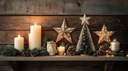 Christmas composition on the shelf in the living room interior. Beautiful decorations. Christmas trees, candles, stars, lights and elegant accessories