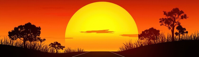 Wall Mural - A stunning sunset landscape featuring a large sun setting behind silhouettes of trees and grass, evoking peace and tranquility.