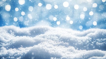 Winter wonderland backdrop featuring snow snowflakes and bokeh lights against a bright blue sky