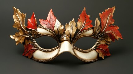 Gold and red Venetian mask featuring metallic leaf shaped accents showcasing a unique and original handmade design in the realm of cosplay