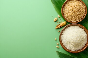 Wall Mural - A bowl of rice is on a green background with a leaf and a flower. , with ample copy space for text.