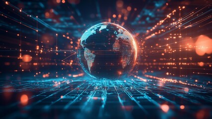 Wall Mural - global connection in 3d: a digital illustration of earth with a network of light and data