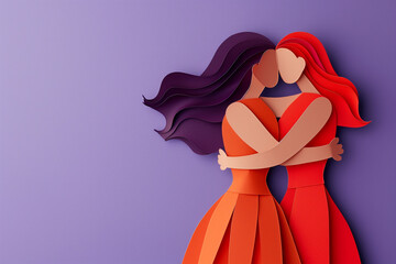 Two women embracing in vibrant paper art style. Generative AI image