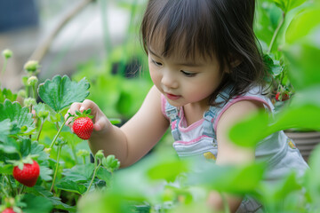 Young Asian girl picking strawberries in a garden