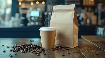 Steaming coffee cup and a brown paper bag on a wooden table with scattered coffee beans, representing a fresh brew experience. Perfect for content related to coffee shops or takeout beverages.