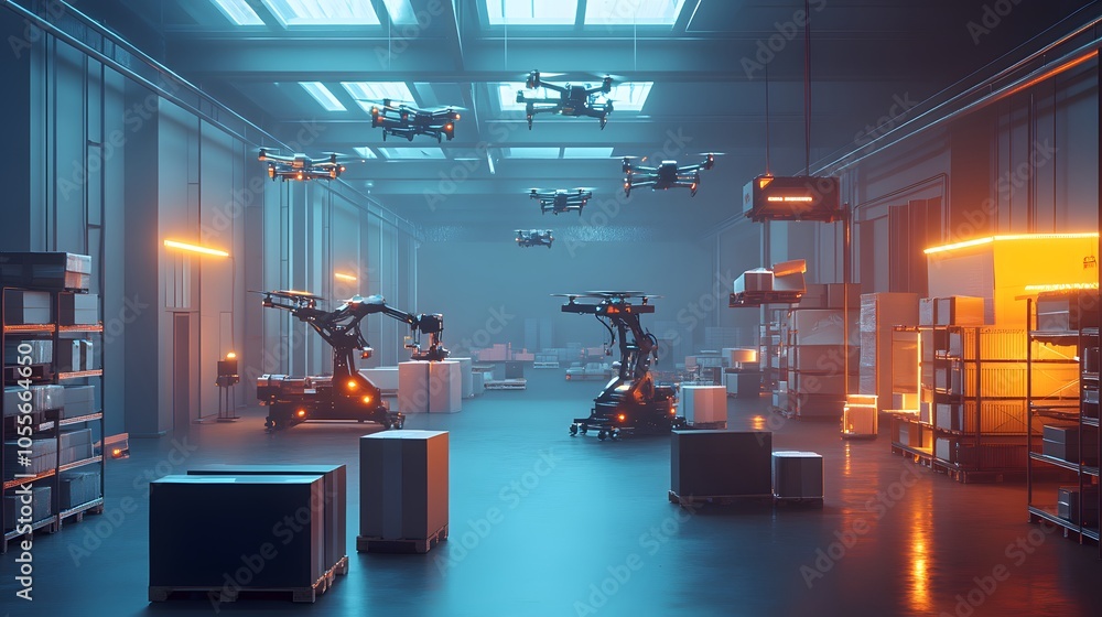 Futuristic Warehouse Automation: Drones and robots collaborate in a ...