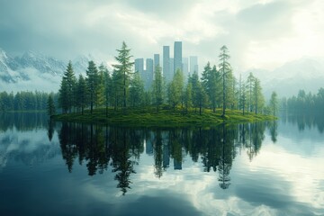 A tranquil island with trees reflects a futuristic city skyline during a foggy morning