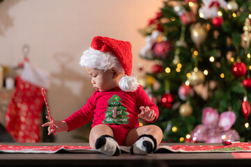 Portrait of little boy in Christmas costume on Christmas night