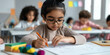 © SnapVault - A girl concentrates on writing with a pencil in a structured, minimalist classroom. She is surrounded by peers, early education to develop critical skills in a supportive learning environment.
