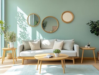 Soft mint walls, light wood furniture, and gold-accented mirrors for a bright and modern space