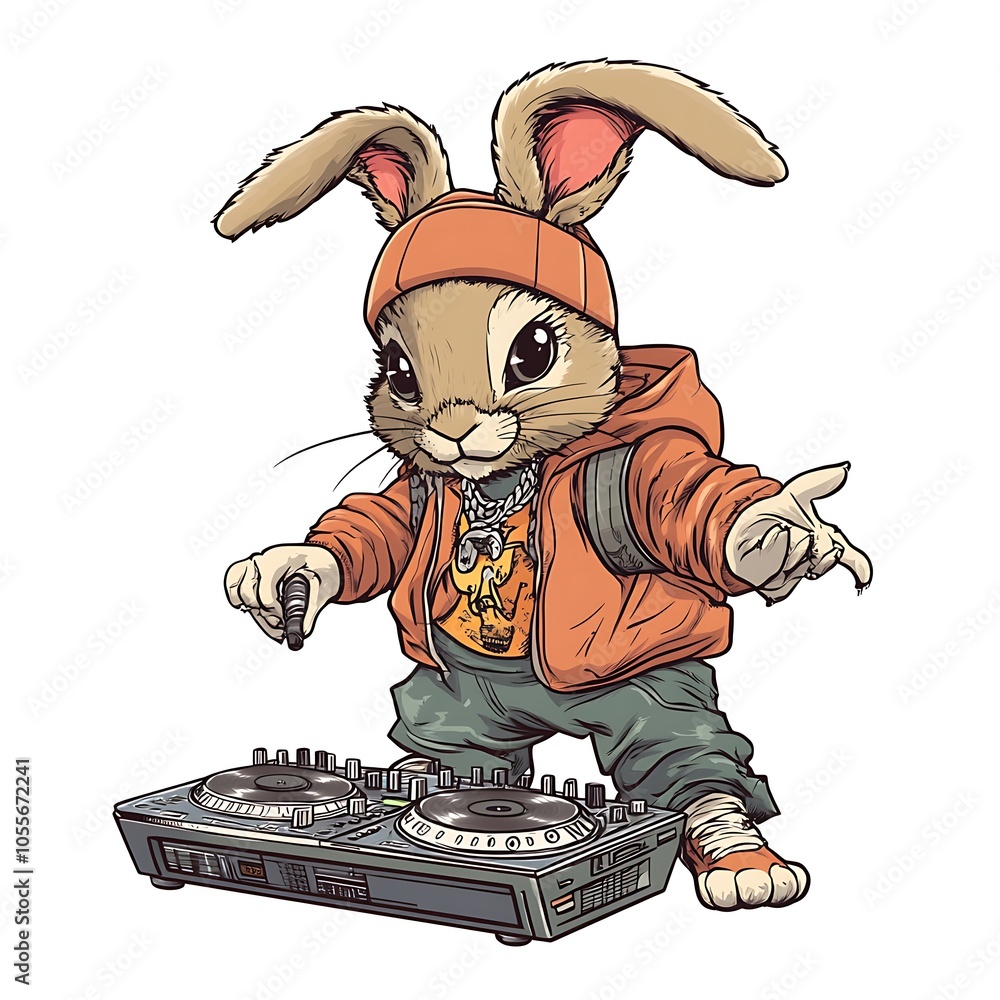 Cartoon Rabbit Rap Cartoon rabbit in hip-hop attire, holding a DJ turntable on a white ...