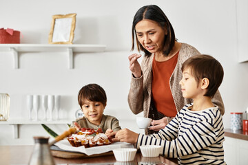 A joyful family prepares festive treats together, sharing laughter and warmth during the winter holidays.