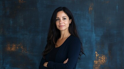 Woman Posing Against Dark Blue Background with Rust Patches