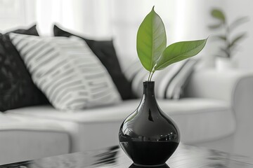 black modern vase and green leaf on center table with black and white pillows on sofa in background