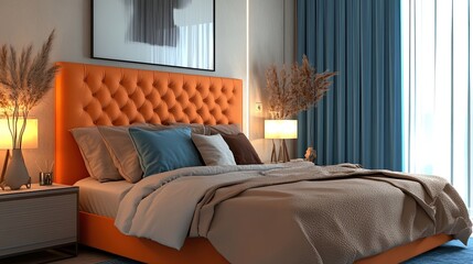 Interior design of elegant bedroom with big orange bed, beige and grey bedclothes, blue curtain, modern lamp, night stand, vase with dried flowers and personal accessories