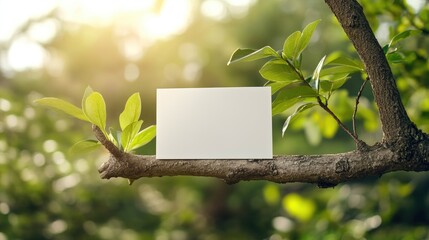 Business card mock up displayed on a tree branch in a sunny setting Soft pastel green background ideal for seasonal stationery presentations and branding featuring ample copy space