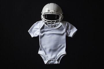 White baby onesie with football helmet on a black background with copy space, football baby announcement concept 