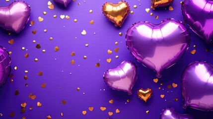 Top view of a vibrant purple backdrop featuring heart shaped foil balloons and shimmering golden confetti ideal for Valentine s Day or romantic celebrations