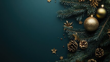 Christmas greeting card featuring a fir tree and golden decorations against a dark green backdrop providing space for personalized text