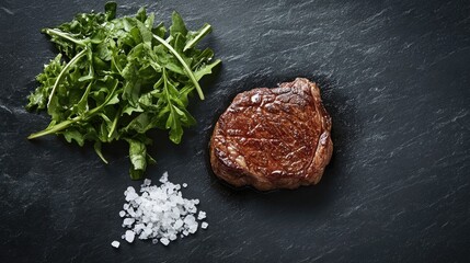 Steak presented on a dark backdrop accompanied by fresh greens and coarse salt