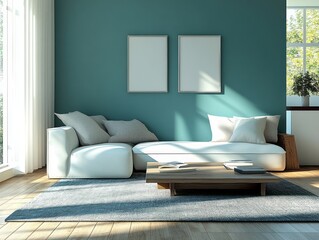 Teal walls provide a fresh, modern backdrop in this minimalist room with clean-lined furnishings and neutral decor