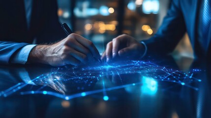 Leinwandbilder - Hands working on a digital interface with glowing connections and data visualization.