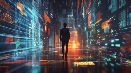 Aufkleber - A silhouetted figure stands in a futuristic digital landscape filled with data streams.