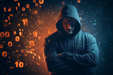 portrait of man in hoodie over dark background with numbers and copy space